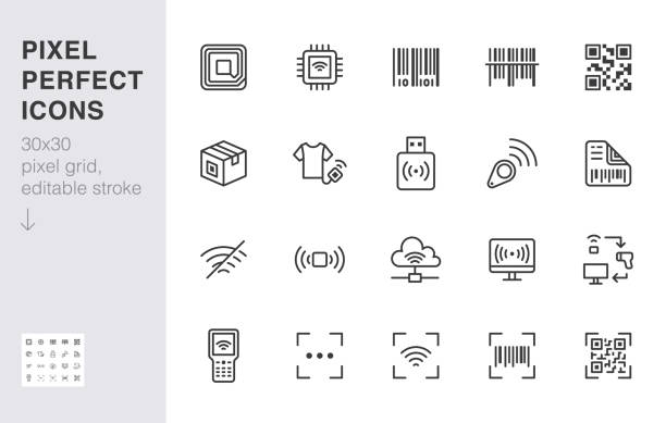 rfid, kod qr, zestaw ikon linii kodów kreskowych. czytnik etykiet skanera cenowego, ilustracja wektorowa mikroukładu identyfikacyjnego. prosty zarys znaków detalicznej aplikacji bezpieczeństwa. 30x30 pikseli doskonały edytowalny skok - financial figures audio stock illustrations