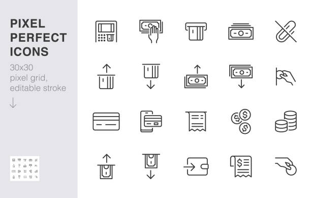 ilustraciones, imágenes clip art, dibujos animados e iconos de stock de conjunto de iconos de línea de máquina atm. retirar dinero, depositar, tomar dinero en efectivo, recibir una ilustración vectorial mínima. señales de esquema simples para la aplicación del terminal de pago. 30x30 pixel perfecto. trazos editables - insertar