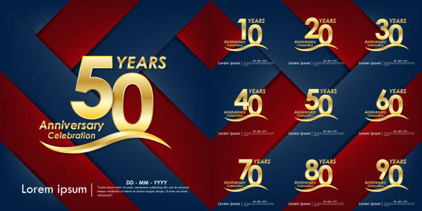 set of 10-90 years anniversary celebration elegance golden logo on red and blue background, vector illustration template design for web, flyers, greeting card and invitation card set of 10-90 years anniversary celebration elegance golden logo on red and blue background, vector illustration template design for web, flyers, greeting card and invitation card 30th anniversary stock illustrations