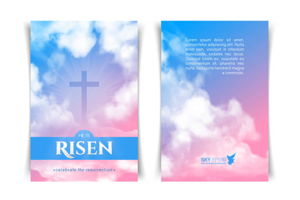 Christian religious design for Easter celebration. Christian religious design for Easter celebration. Two-sided vertical flyer. Text: He is risen, shining Cross and heaven with white clouds. heaven and jesus drawing stock illustrations