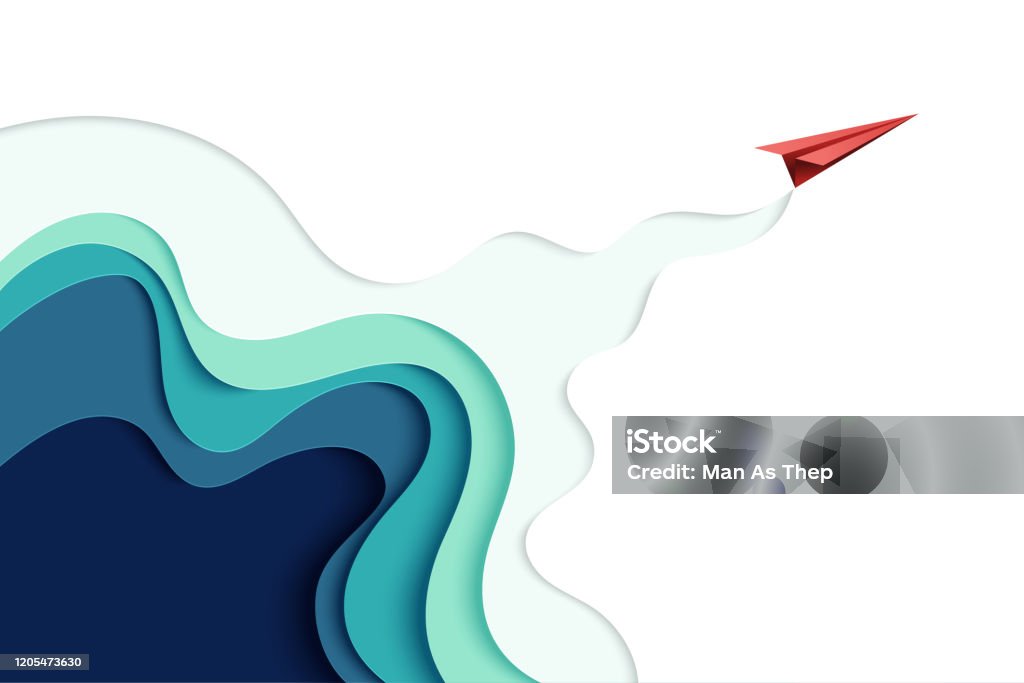 01.Red paper airplane on paper art abstract background landing page Red paper airplane flying on blue paper art abstract background landing page.Vector illustration. Leadership stock vector