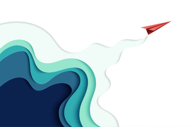 01.Red paper airplane on paper art abstract background landing page Red paper airplane flying on blue paper art abstract background landing page.Vector illustration. growth concept stock illustrations