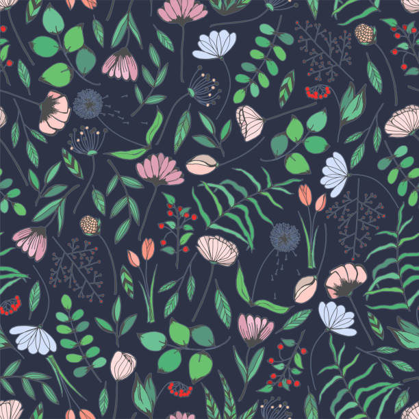ilustrações de stock, clip art, desenhos animados e ícones de decorative hand drawn seamless pattern vector of flowers, branches, leaves and berries. abstract colored floral doodle illustration for design cards, invitations, wallpaper, wrapping paper, packaging - invitation love shape botany
