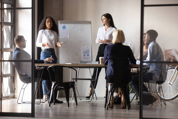 istock Diverse women startupper making presentation for investors using flip chart 1205475130