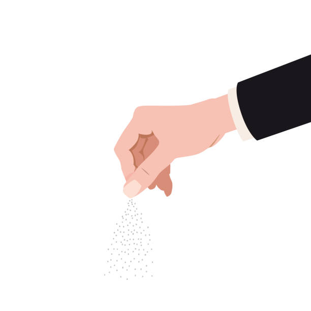 istock Human hand salting, salts, spice. Cooking gesture sprinkle vector isolated cartoon style illustration 1205476262
