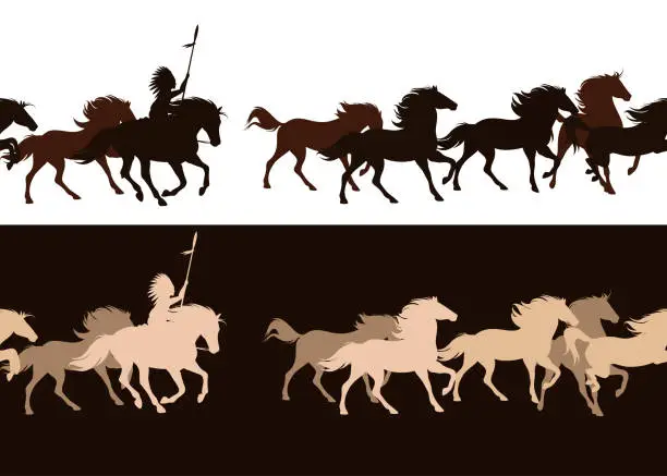 Vector illustration of native american rider and wild horse herd horizontally seamless vector silhouette design