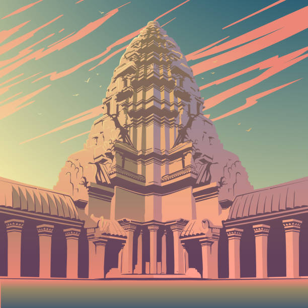ilustrações de stock, clip art, desenhos animados e ícones de centerpiece of the angkor wat temple complex in cambodia. sunset panorama. vintage poster. eps10 vector illustration - angkor wat