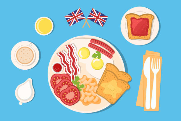 satz von elementen für englisches frühstück. - fork plate isolated scrambled eggs stock-grafiken, -clipart, -cartoons und -symbole