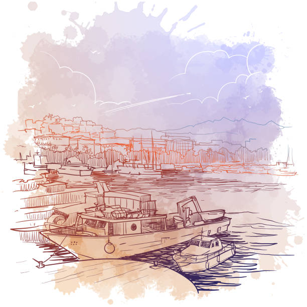 Panorama of the marina with fishing boats. La Spezia, Liguria, Italy. Vintage design Panorama of the marina with fishing boats. La Spezia, Liguria, Italy. Vintage design. Linear sketch on a watercolor textured background. EPS10 vector spezia stock illustrations