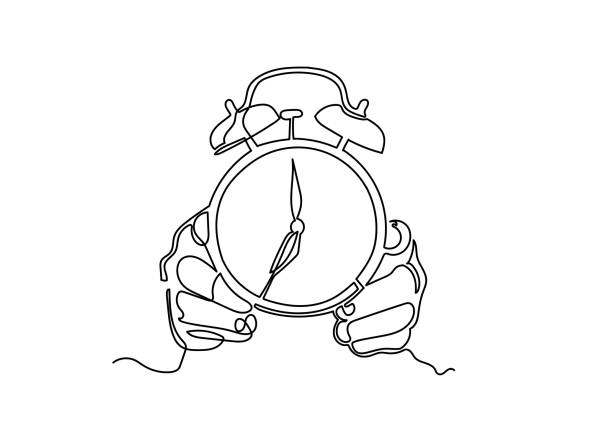 kontinuierliche einzeiligen zeichnung des weckers - time minute hand small timer stock-grafiken, -clipart, -cartoons und -symbole