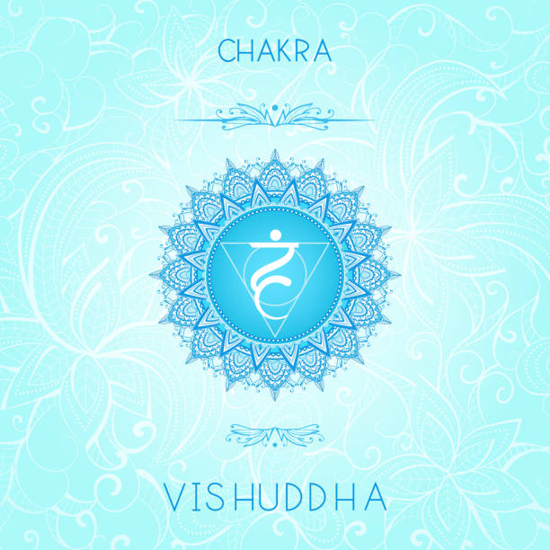 vektor-illustration mit symbol-chakra vishuddha auf ornamentalem hintergrund. - vishuddha stock-grafiken, -clipart, -cartoons und -symbole