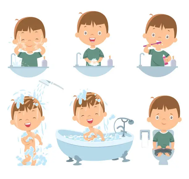 Vector illustration of Boy washing face,  washing hands, Brushing Teeth, Bathing, Washing Hands After Toilet