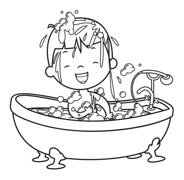 Coloring Book, Boy in the bathtub vector art illustration