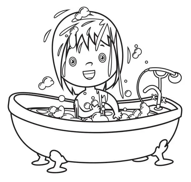 Vector illustration of Coloring Book, Girl in the bathtub
