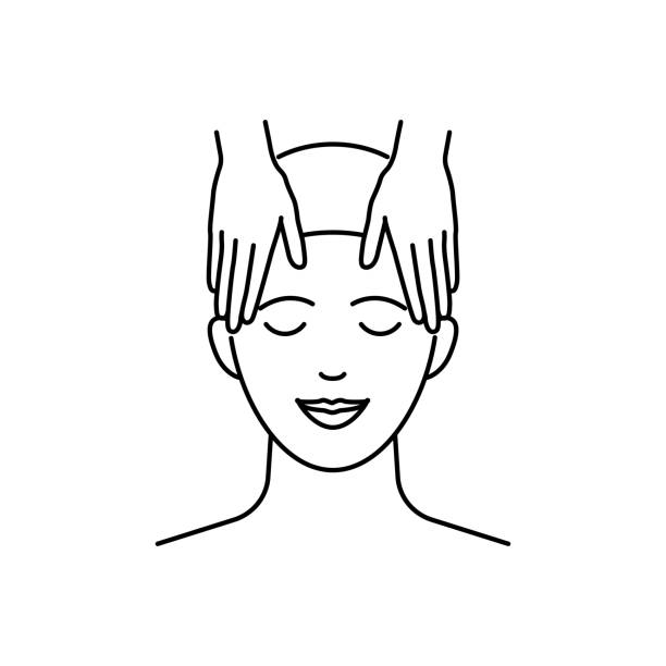 ilustrações, clipart, desenhos animados e ícones de ícones do vetor de massagem de cabeça estilo contorno cset - massaging alternative medicine headache women