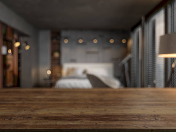 istock Wood Empty Surface and Bedroom as Background  In The Evening 1205484979