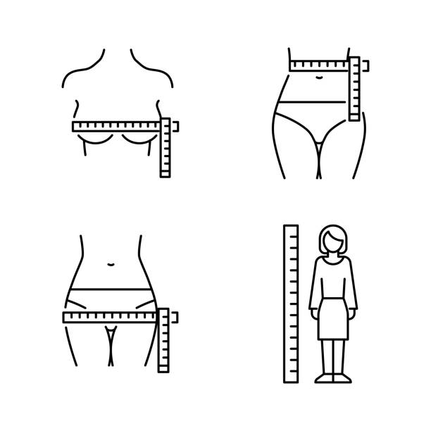 körpermaße für frauen: brust, taille, hüfte. vektorsymbole linienstil - tape measure slim women dieting stock-grafiken, -clipart, -cartoons und -symbole