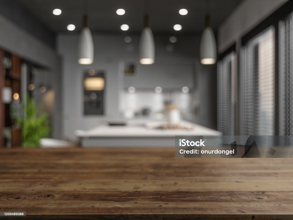 Wood Empty Surface And Kitchen as Background In The Evening Table Stock Photo