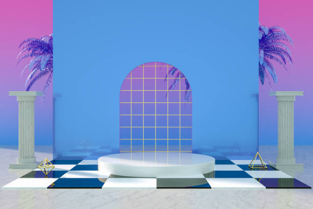 istock 3D Empty Product Stand, Platform, Checked Pattern Floor, Iridescent colors, Futuristic concept 1205485476