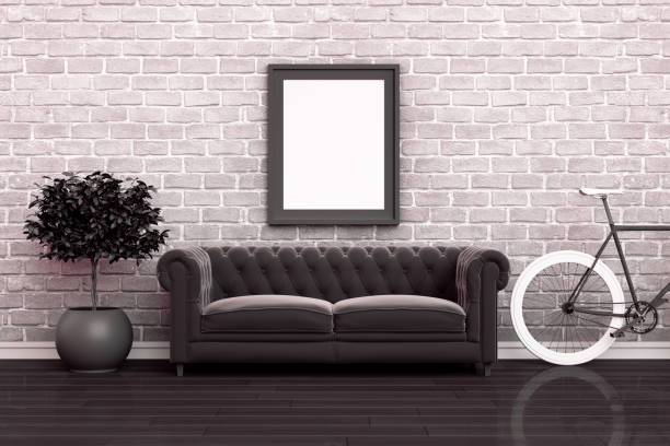 istock 3D Indoor, living room, sofa and empty frame with brick wall 1205486761