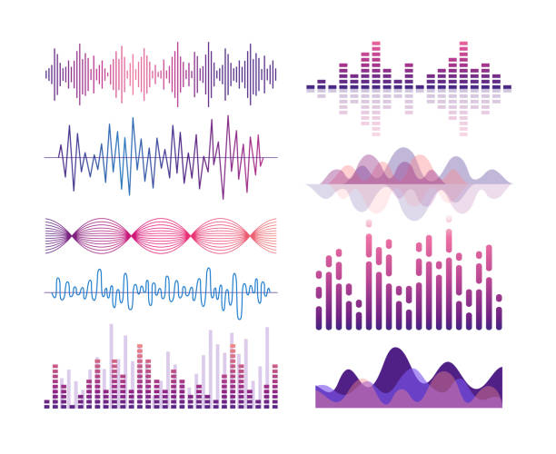 illustrazioni stock, clip art, cartoni animati e icone di tendenza di set di illustrazioni di colore vettoriale delle onde sonore. visualizzazione degli effetti audio. equalizzatore lettore musicale. canto, vibrazione vocale. linee e curve viola elementi di design isolati confezione. ritmo della colonna sonora. - photographic effects audio