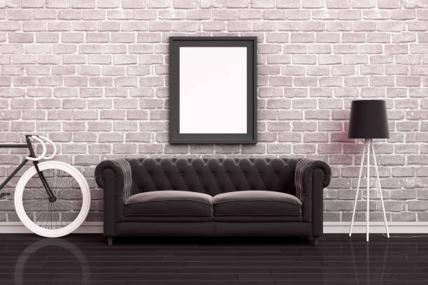 istock 3D Indoor, living room, sofa and empty frame with brick wall 1205487062