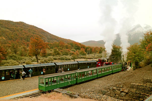 pasażerowie "the end of the world train" na stacji wodospad macarena podczas wycieczki, prowincja tierra del fuego, patagonia, argentyna - tree patagonia autumn green zdjęcia i obrazy z banku zdjęć