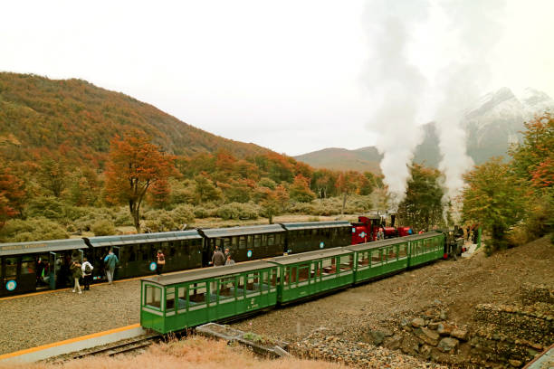 passengers of "the end of the world train" at macarena waterfall station during the excursion, tierra del fuego province, patagonia, argentina - tree patagonia autumn green imagens e fotografias de stock