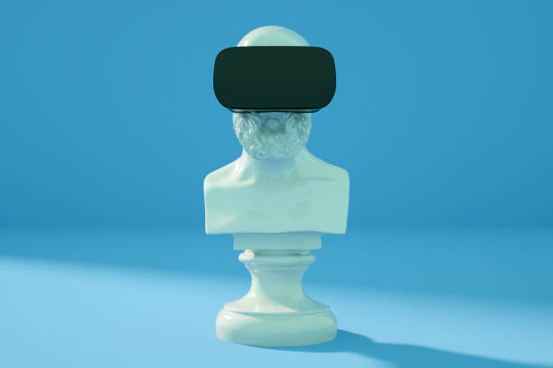 istock Sculpture With VR Glasses Headset on Blue Background 1205488079