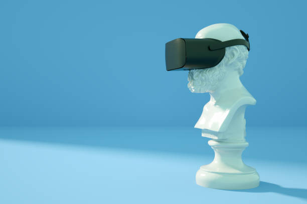 istock Sculpture With VR Glasses Headset on Blue Background 1205488175