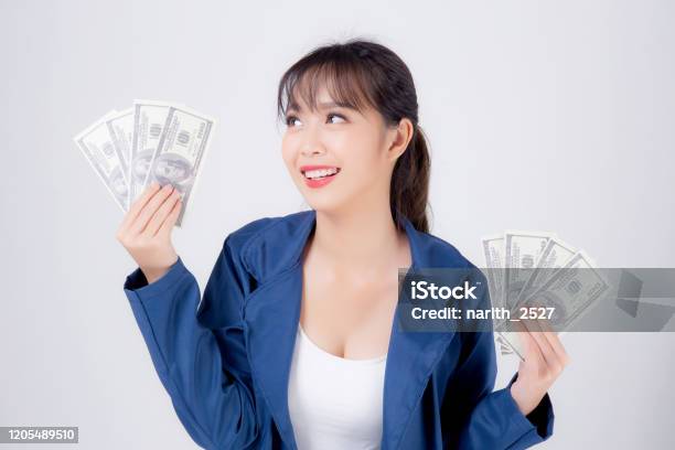 Beautiful Portrait Young Business Asian Woman Holding Money Isolated On White Background Businesswoman Showing Banknotes With Excited Happy Girl Income With Profit Finance And Success Concept Stock Photo - Download Image Now