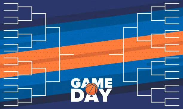 Vector illustration of March Basketball Madness. Game Day Party. Professional team championship. Playoff grid, tournament bracket. Regular season and final game. Ball for basketball. Sport poster. Vector illustration