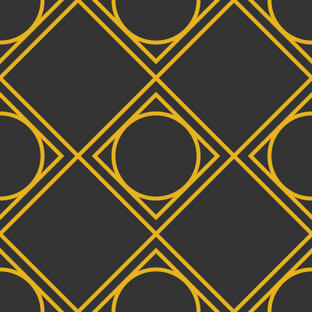 bezszwowy wektor abstrakcyjnego geometrycznego wzoru art deco w kształcie diamentu ze złotymi liniami na czarnym tle. - pattern geometric shape diamond shaped backgrounds stock illustrations