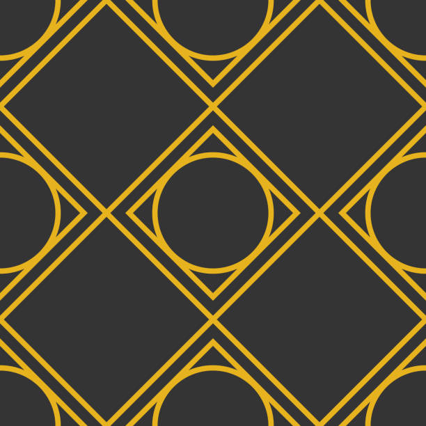 бесшовный вектор абстрактного геометрического алмаза в форме ар-деко с золотыми линиями на черном фоне. - retro revival old fashioned diamond diamond shaped stock illustrations