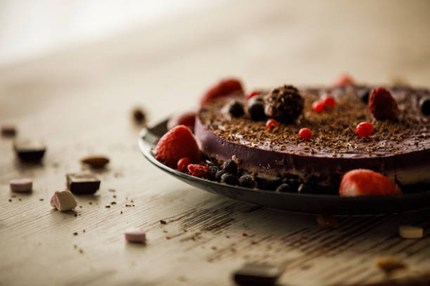 Low angle view of delicious raw cake for vegans and vegetarian people who do not consume dairy products.