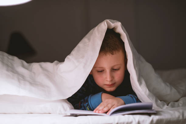 istock Little boy reading book in bed 1205491213