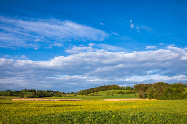 Bavarian spring rural landscape with green field and small village in background, Germany, Europe