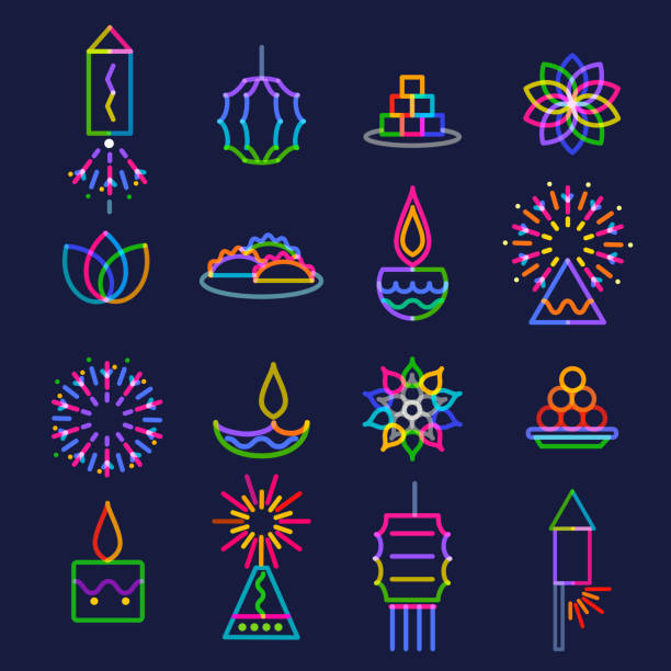 diwali gruß icon set - diya öllampe stock-grafiken, -clipart, -cartoons und -symbole