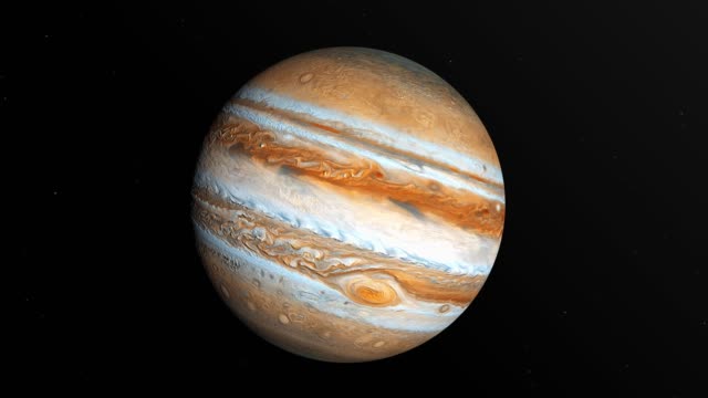 Jupiter is Spinning in Outer Space with Stars at Black Background in 4K Resolution