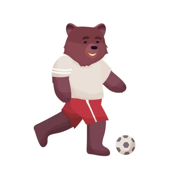 Vector illustration of Cartoon character bear football player in a sports uniform t-shirt and shorts plays soccer ball. Vector flat cartoon illustration on white background.
