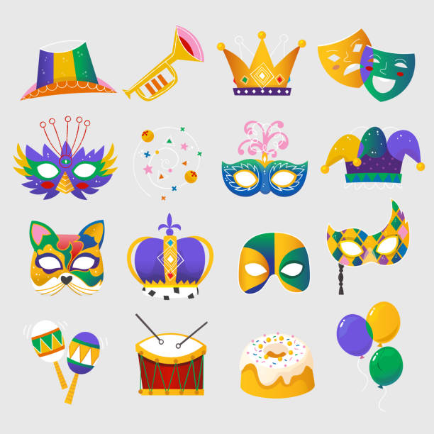 illustrations, cliparts, dessins animés et icônes de ensemble d’attributs colorés pour célébrer mardi gras - vacances de printemps traditionnelles et défilé de carnaval à la nouvelle-orléans. - galette des rois