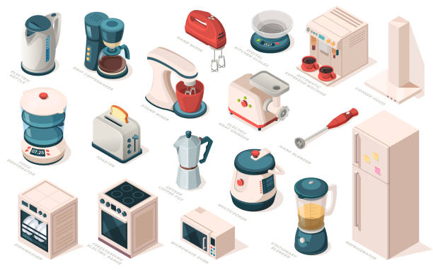 ilustrações de stock, clip art, desenhos animados e ícones de kitchen appliance set, equipment, item for cooking. kettle, coffee maker machine, mixer, meat grinder, hood, scales, blender, toaster, food dehydrator, fridge, multicooker, microwave, oven, dishwasher - toaster