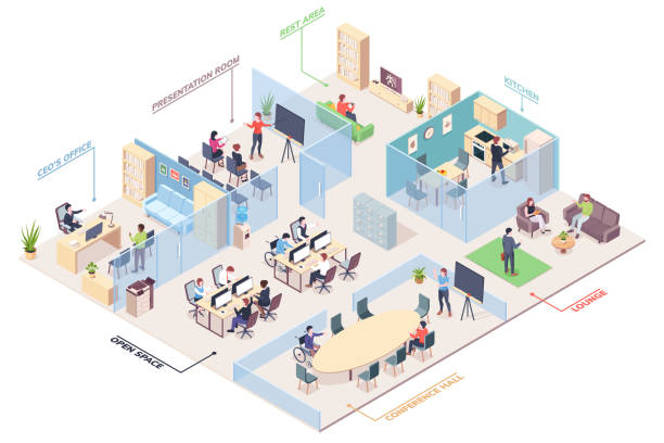 Isometric office design with CEO, presentation room and open space, rest area and kitchen, lounge and conference hall. Cubicle vector coworking space for work or job. Business center plan Isometric office design with CEO, presentation room and open space, rest area and kitchen, lounge and conference hall. Cubicle vector coworking space for work or job. Business center plan working patterns stock illustrations