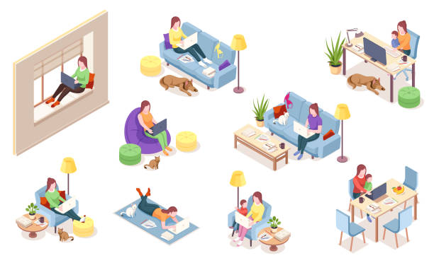 ilustrações de stock, clip art, desenhos animados e ícones de set of isolated vector woman at workplace. girl with notebook sitting in chair bag, windowsill, sofa desk with computer, lying on floor. freelancer working with dog, cat, pet.isometric office employee - comfortable