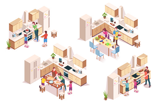 istock Set of vector 3d kitchen interiors with family cooking. Isometric design for cook room. House or home, building design element with fridge, oven, microwave. Kitchenware furniture, indoor architecture 1205496030