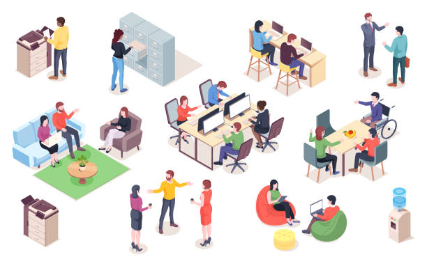 Set of vector office elements with people. Isometric coworking or open space elements for infographic or business icon for meeting. Man and woman work at workplace, reception. Interior design Set of vector office elements with people. Isometric coworking or open space elements for infographic or business icon for meeting. Man and woman work at workplace, reception. Interior design using laptop illustrations stock illustrations