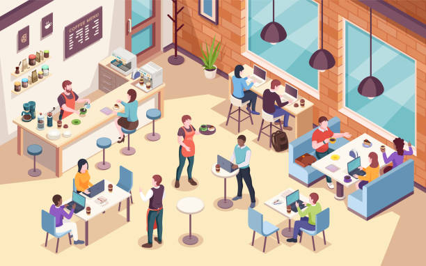 ilustrações de stock, clip art, desenhos animados e ícones de interior view on people working and having lunch at cafe or cafeteria, work or job coffee meeting. isometric view of dining room for office coworkers. businessman and businesswoman workplace - restaurant