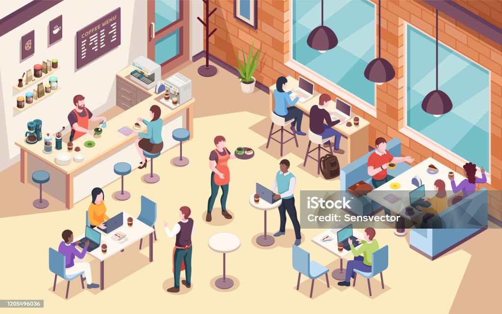 Interior view on people working and having lunch at cafe or cafeteria, work or job coffee meeting. Isometric view of dining room for office coworkers. Businessman and businesswoman workplace Restaurant stock vector