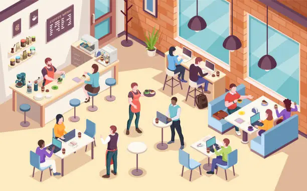 Vector illustration of Interior view on people working and having lunch at cafe or cafeteria, work or job coffee meeting. Isometric view of dining room for office coworkers. Businessman and businesswoman workplace