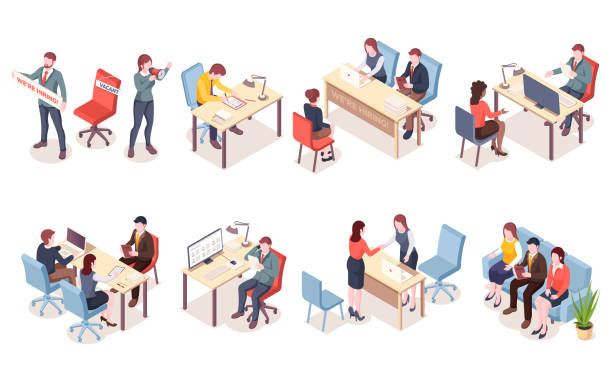 Recruitment agency workers in isometric view. HR workers recruit candidate or hire applicants. Job interview for vacant place. Man and woman having conversation with unemployment. Job search icon Recruitment agency workers in isometric view. HR workers recruit candidate or hire applicants. Job interview for vacant place. Man and woman having conversation with unemployment. Job search icon interview event patterns stock illustrations